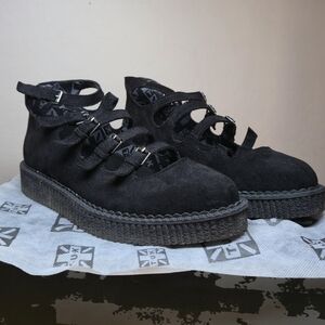 T.U.K Black Faux Suede Multi-Strap Pointed Mary Jane Creeper Vegan Shoes